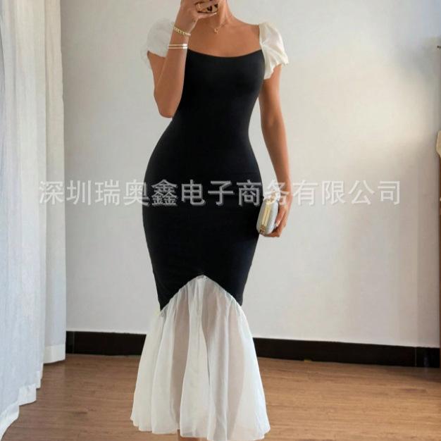 Spring and Summer New Splicing Square Neck Black French Retro Mesh Slim and Thin Medium and Long Fishtail Dress Dress