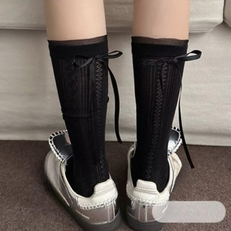 

Short-sleeved Summer Lightweight Stockings for Women with Bow Ribbons At The Back of The Heel - A Sweet Long Stocking. 1 pair чорний