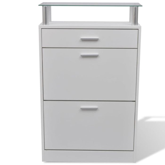 VidaXL Shoe Cabinet with Drawer and Glass Top Wood White