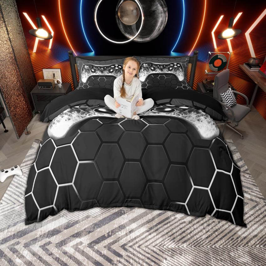 

Comforter Homewish Gamer Gaming For Teen Boys Girls Gradient Neon Honeycomb Bedding Cool Gamepad Set Comforter (quilt)-EU Single(135*200cm)3pcs