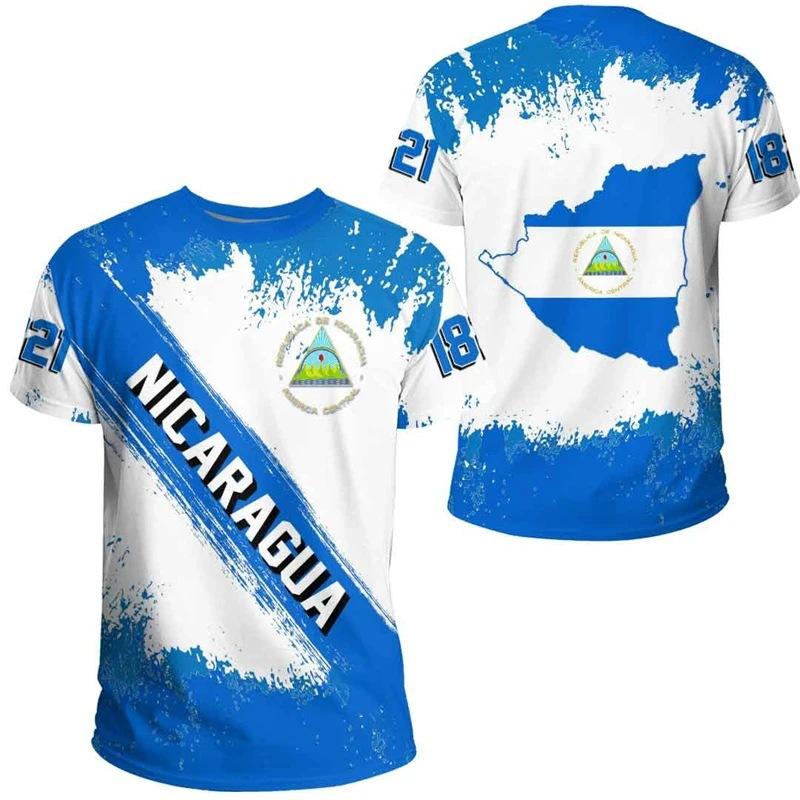 Nicaragua Themed Short Sleeve T-shirt with Tribal Pattern, National Emblem & Palm Tree Print