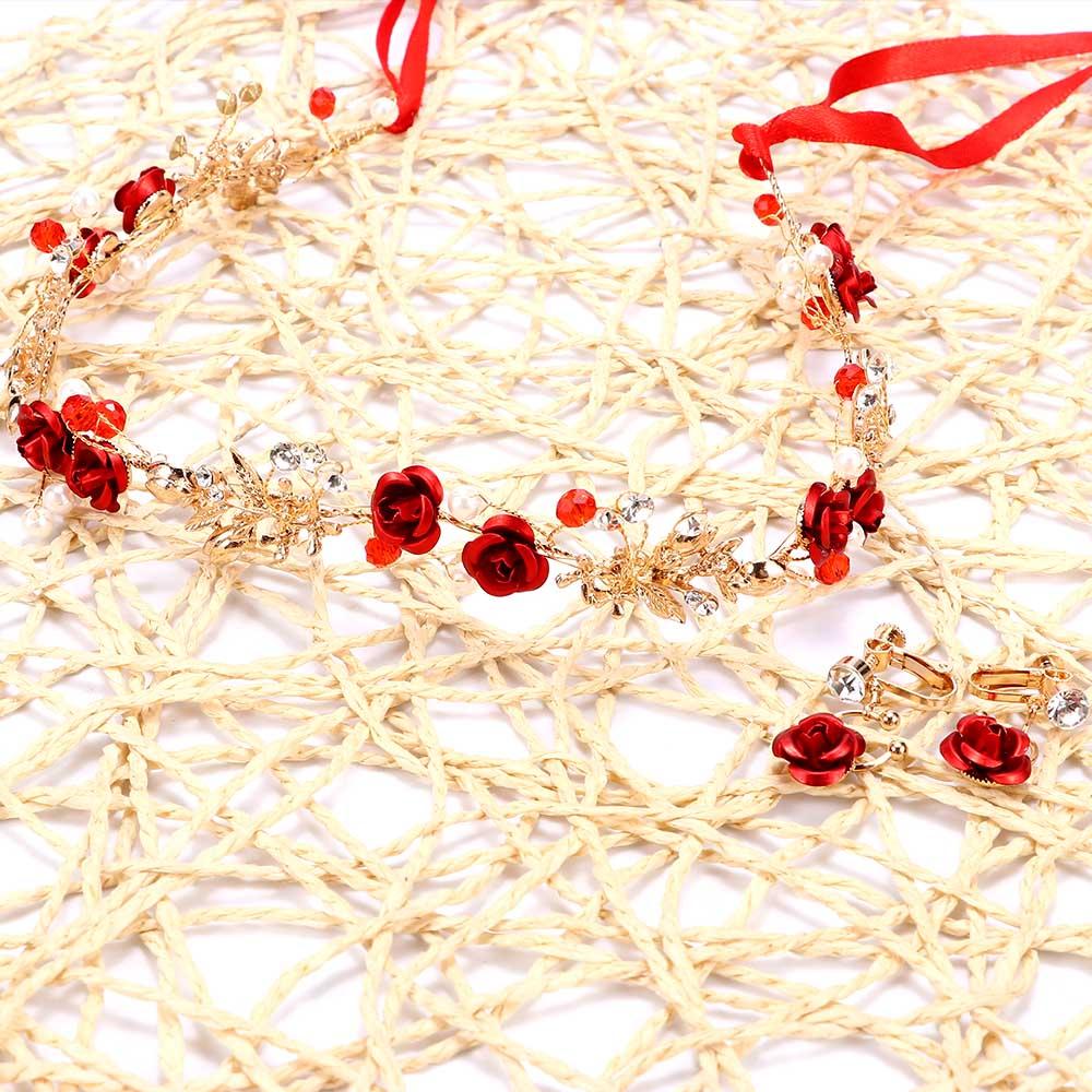 Rose Flower Crown Bridesmaid Headband With Ribbon Bride Hairband Earring Set Red Crystal Pearl
