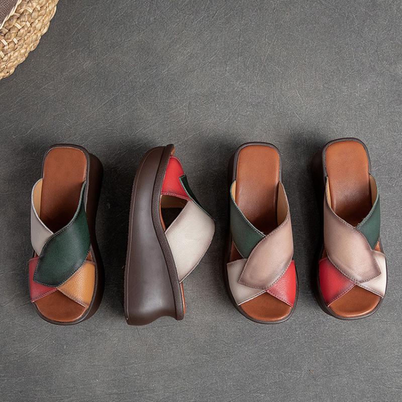 Johnature Retro Women Peep Toe Wedges Slippers Genuine Leather Thick Sole Slides Fashion Platform Shoes