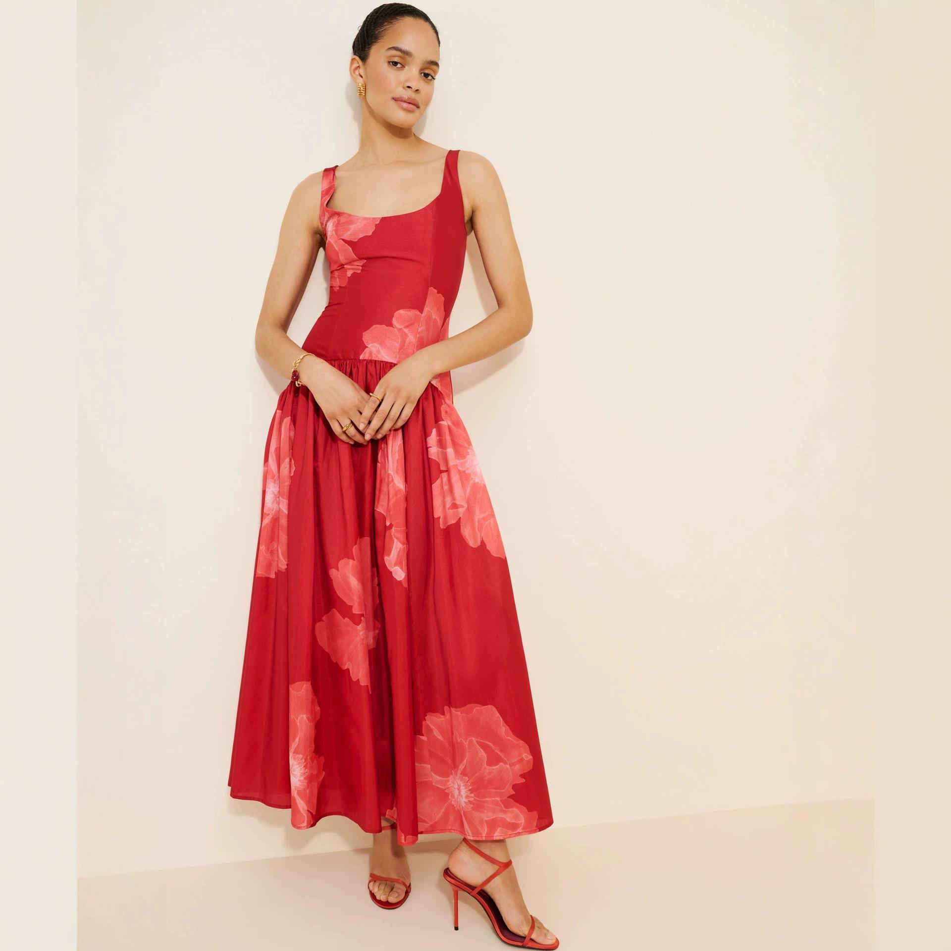 Europe and the United States cross-border explosion of high-end printing suspender dress women s summer waist pendulum exquisite holiday style dress XS