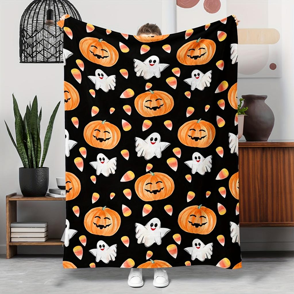1pc Halloween Themed Pumpkin and Ghost Pattern Blanket, Polyester Fabric, Machine Washable, Suitable for Bedroom and Living Room