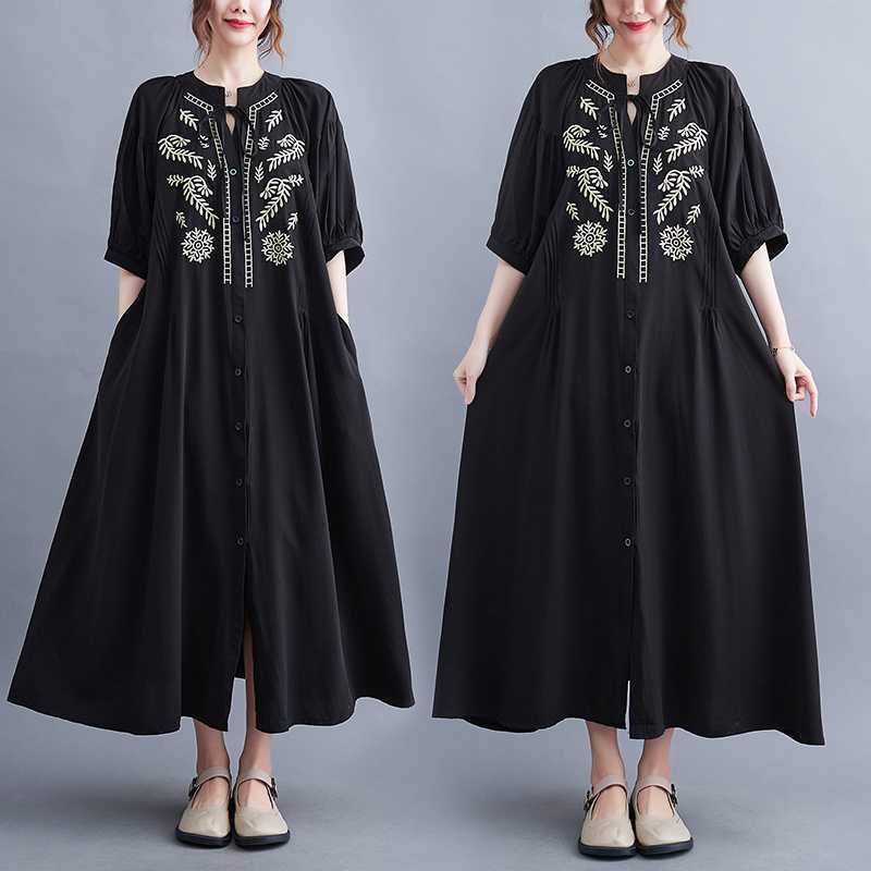 

Реальное фото Большого размера Женское вышитое платье-кардиган Летнее платье средней длины А-силуэта XL чёрный