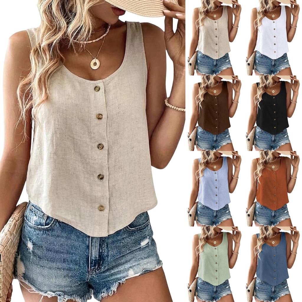 Camiseta sin mangas de moda para mujer, con botones, estilo tank top, casual, corte holgado, blusa de lino ligera para verano, chaleco para uso diario