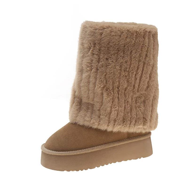 Women Snow Boots Mid-Calf Fur Integrated Winter Cotton Shoes Non-slip Faux Fox Fur Plush Thick Sole Fashion Furry