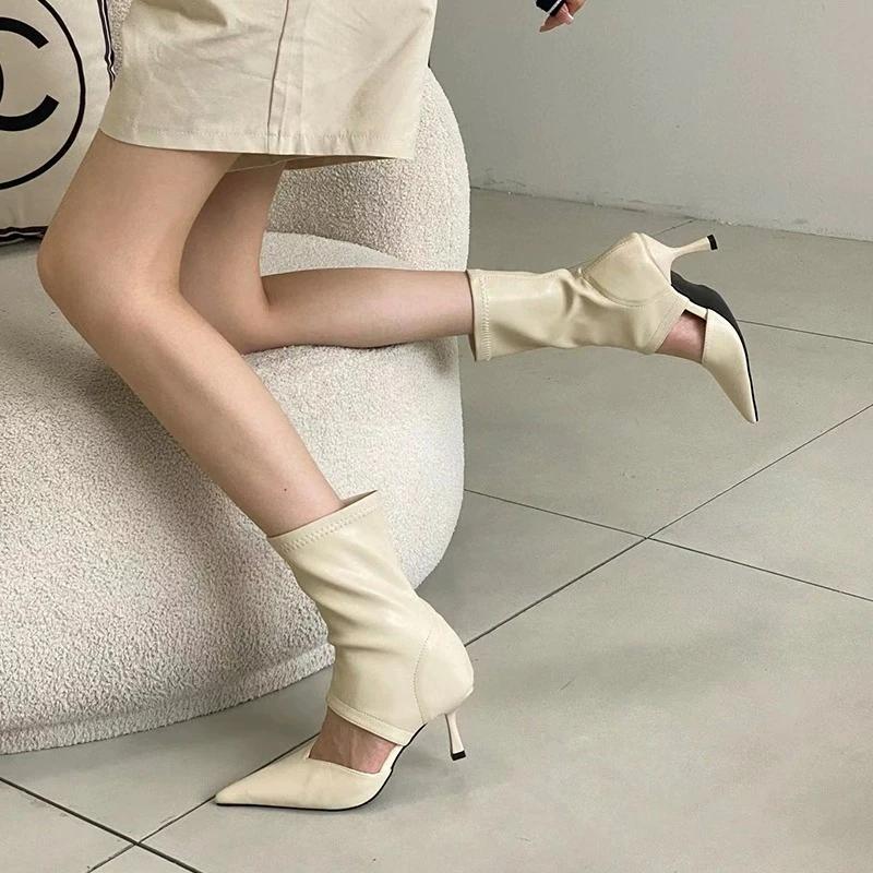 New Sexy Women Ankle Boots Pointed Toe Hollow Thin High Heels Black Beige Brown Stiletto Stretch Botas Autumn Summer Sock Boots