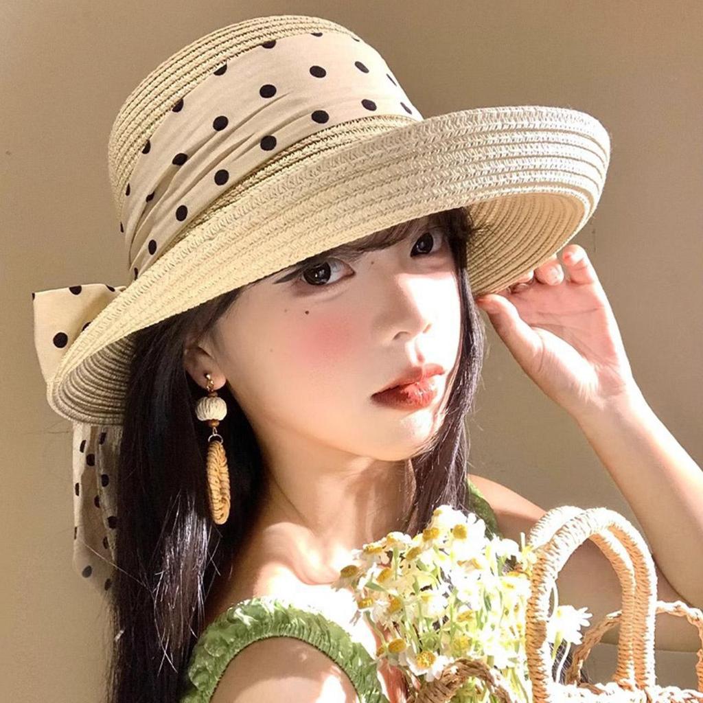Summer Polka Dot Ribbon Straw Hat for Women Elegant Curled Brim Sunscreen Fisherman Cap Lady Girl Beach Travel Visor Panama Hats