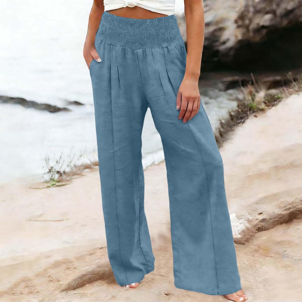 Women's Casual Fashion Cotton Linen Elastic Waist Pants With Pockets