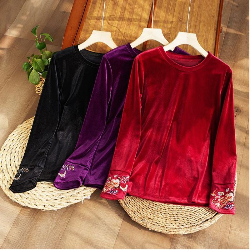 Women's Embroidered Velvet Blouse  Autumn Winter Crew Neck Long-sleeve Velvet T-shirt Solid Color Pullover
