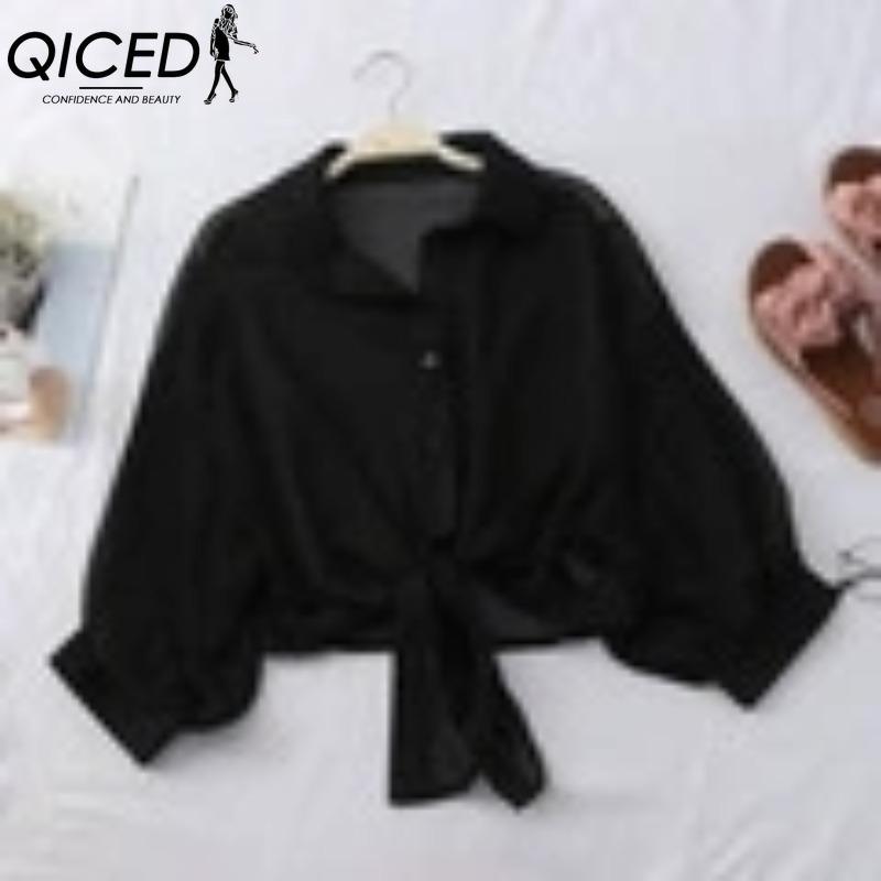 

QICED Женская Мода Повседневный Однотонный Принт Длинный Рукав Воротник ПОЛО Блузки и Рубашки M чёрный