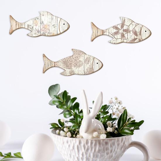 3 Pcs Wood Fish Nautical Wall Decor, Vintage Beach Coastal Theme Fish Wall Art, Rustic Farmhouse Hanging Sculpture for Lake House, Bathroom