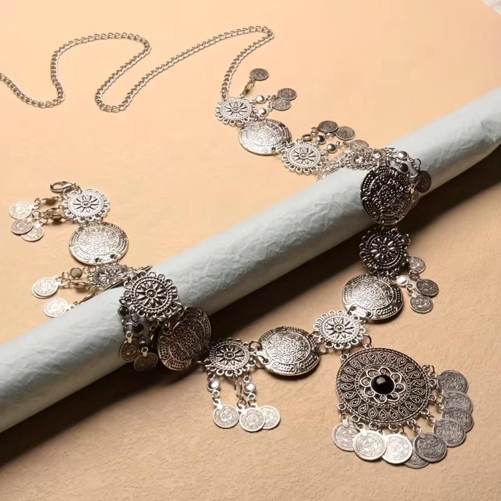 Retro Vintage Coin Belt Golden Silvery Long Tassel Fringed Belt Carved Flower Alloy Coins Waist Chain Traditional Clothing