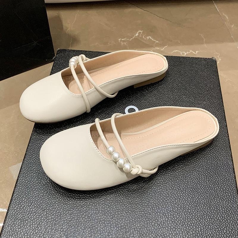 Spring New One-pedal Gentle Temperament Pearl Bag Head Half Slippers Women's Skirt Outer Single Shoes