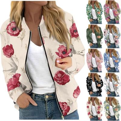 Damen Floral Blattdruck Lässig Langarm Reißverschluss Jacke Rundhals Modisch