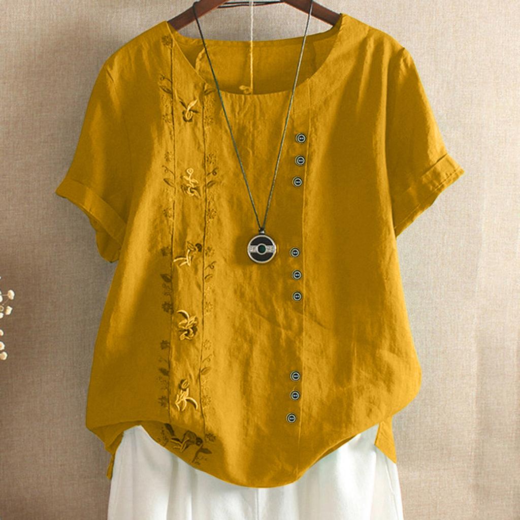 Women's Fashion  Color Loose Casual Round Neck Cotton Linen Top