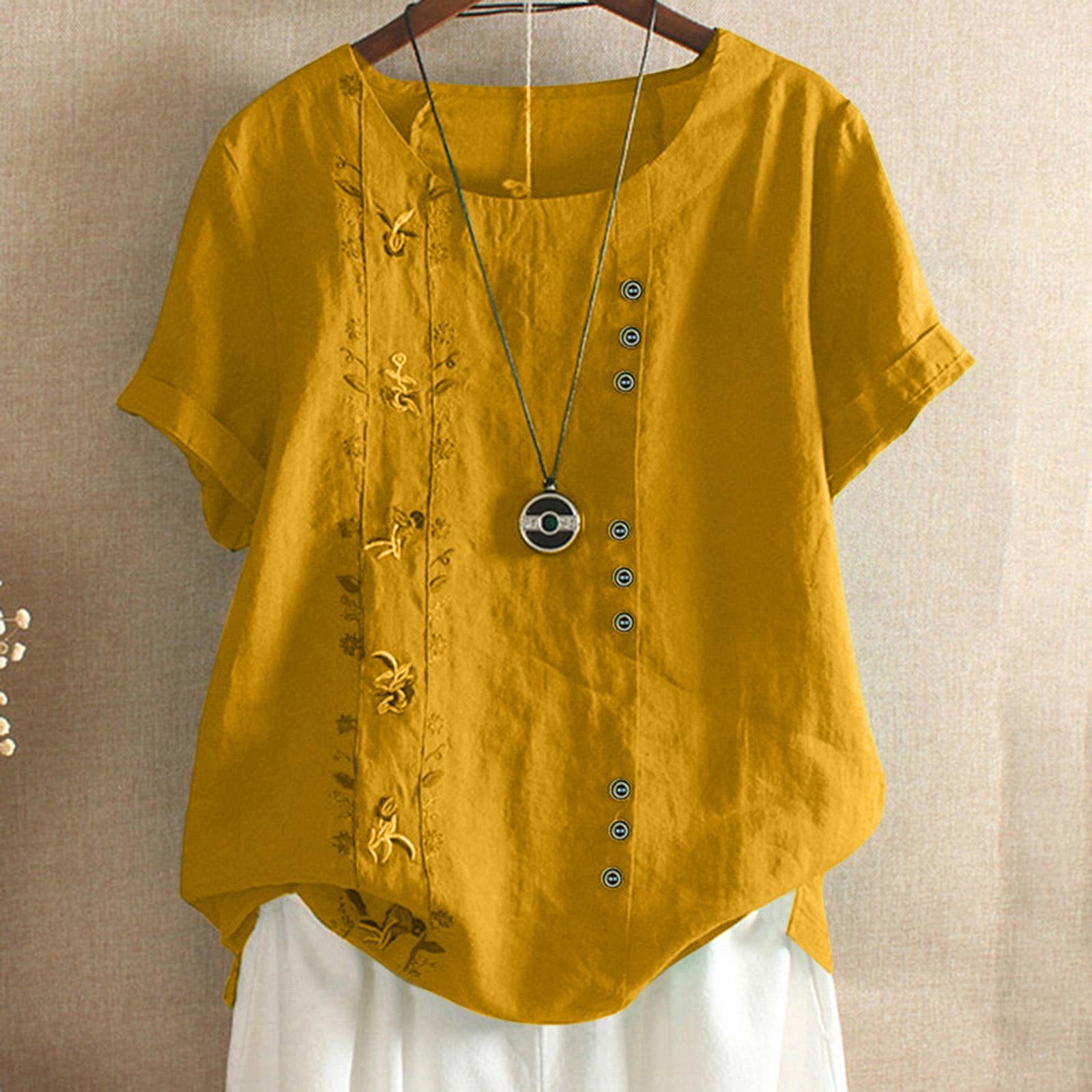 

Women s Fashion Color Loose Casual Round Neck Cotton Linen Top XL жовтий