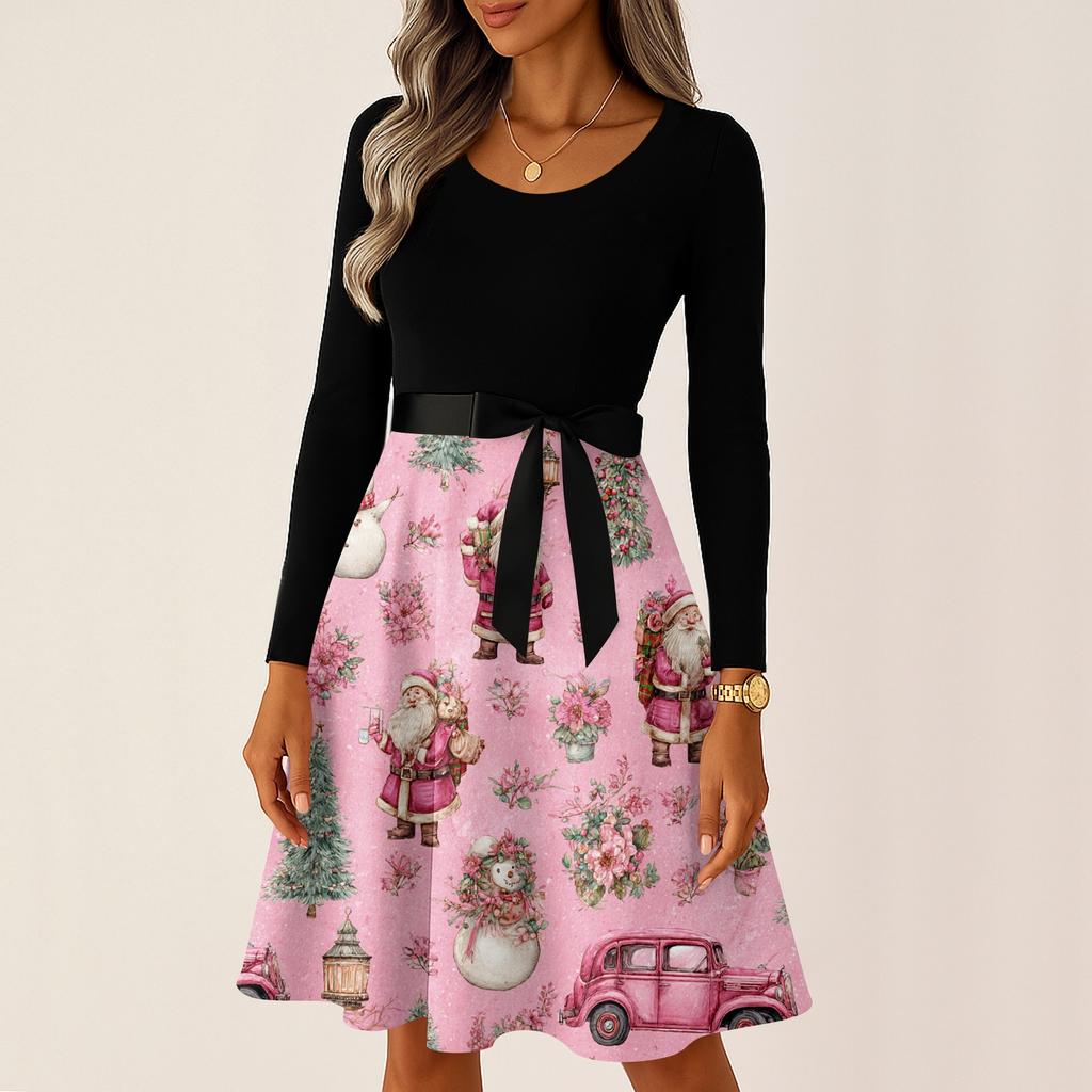 Dámské ležérní módní šaty s kulatým výstřihem a dlouhým rukávem, s vánočním potiskem, na párty, vintage dlouhé šaty
