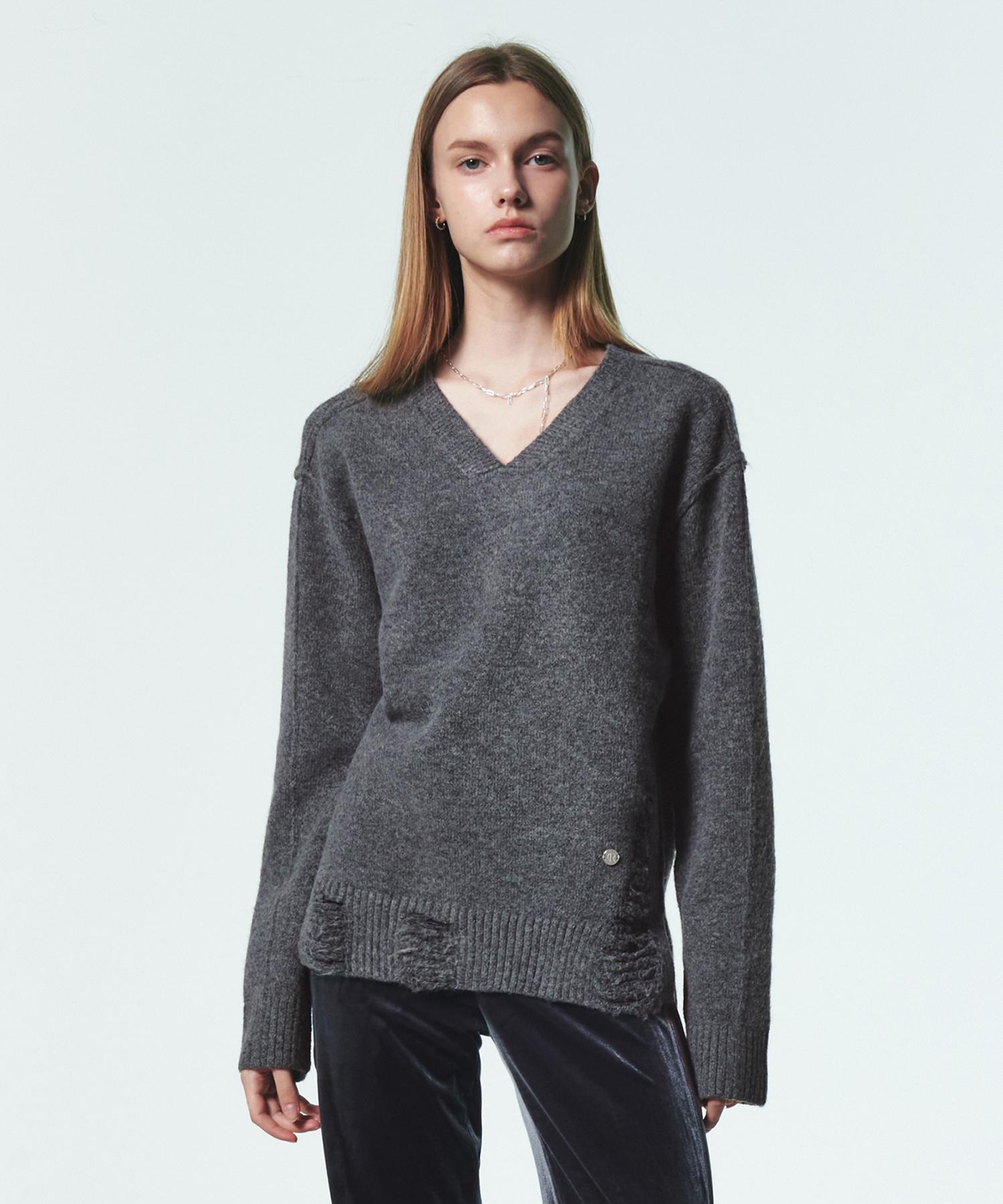 Current Damage V Neck Knit Top [Charcoal] Free