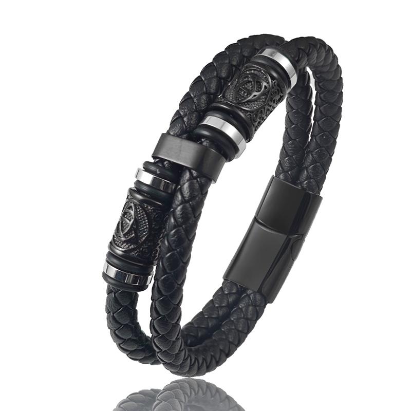 Combination Symbol Accessories Stainless Steel Men's Leather Bracelet Double Weave Suitable for Handsome Boys Birthday Gifts