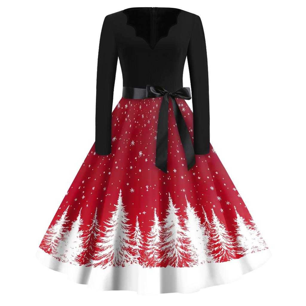 Women's Casual Christmas Print V Neck Vintage Dress for Holiday Party and Everyday Wear