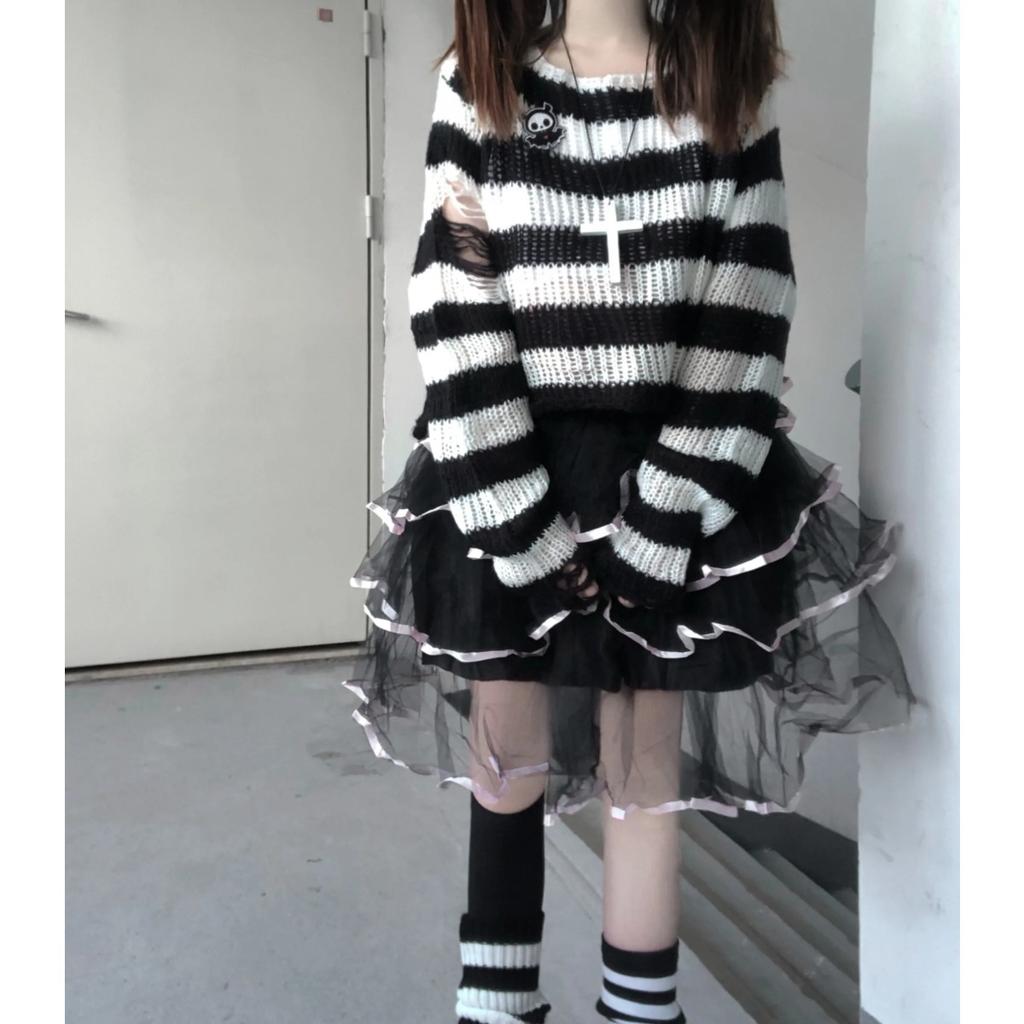 2KWEIRD Pink Striped Gothic Sweaters Women Ripped Holes Loose Knitted Pullover Frayed Fairy Grunge Jumpers Emo Streetwear Lolita