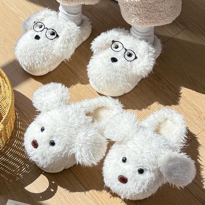 Lindas pantuflas de cachorro de orejas grandes de dibujos animados, mullidas, nuevas para otoño e invierno 2025, pantuflas térmicas de algodón con suela suave