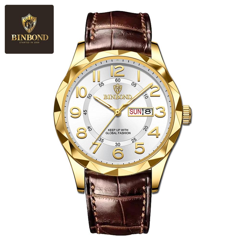 Binbang Ultra-thin Luminous Men's Quartz Watch - Automatic Movement, Waterproof with Calendar, Leather Strap, Business & Fashion Style.