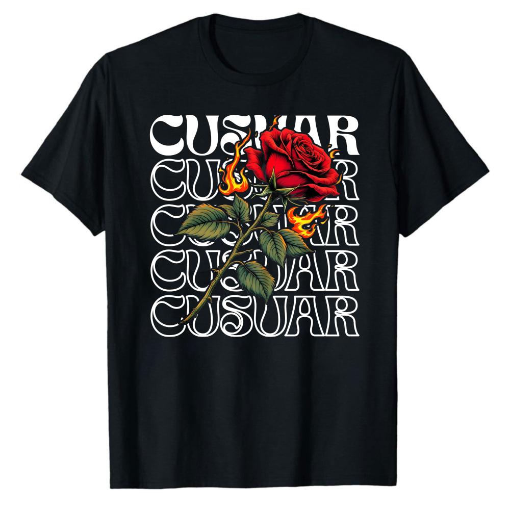 Burning Red Rose with Flame Repeated Cotton T Shirt CUSTOMAR Text Graphic Print Gothic Streetwear Aesthetic Casual Gift Tops