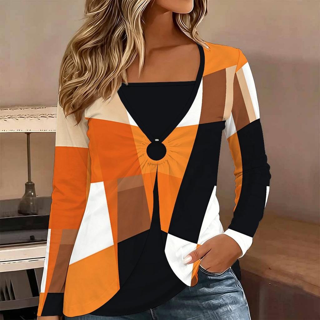Tops for Women Distressed Floral Print Long Sleeve Fake Two‑Piece Top Fall Casual Slim Pullover Women's Long Sleeve Top