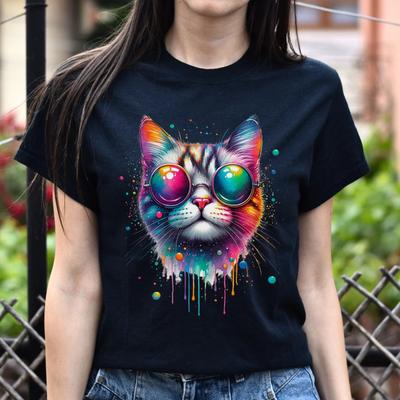 Cat with Colorful Eyeglasses Color Splash Unisex T-shirt Black Navy Dark Heathe
