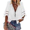 Women's Zipper Front V Neck Chiffon Blouse Casual Flare Sleeve Mesh Panel Loose Top