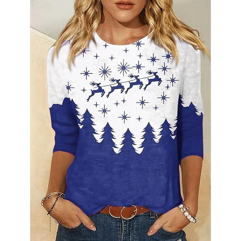

Women s T-shirt Reindeer Pine Tree Star Print Long Sleeve Round Neck Red White Casual Festive Holiday Top Clothing Apparel 2XL