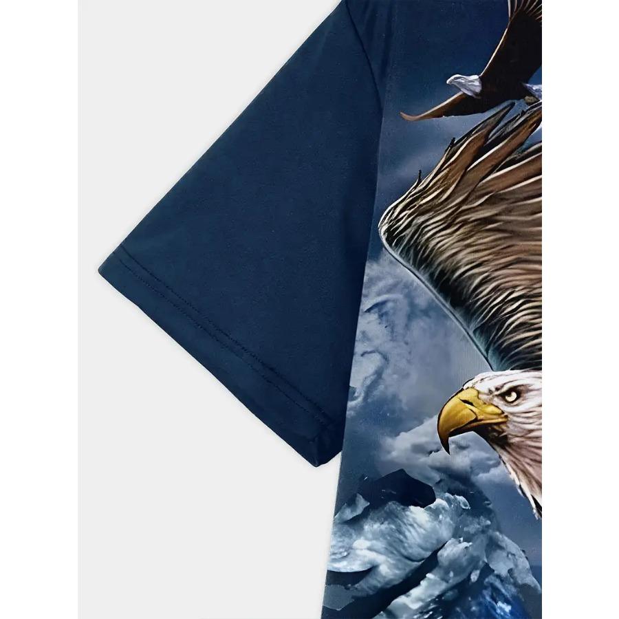 Mens Vintage Eagle Graphic Print T-Shirt - Crew Neck, Short Sleeve, Slight Stretch, Polyester, Regular Fit, Summer Outdoor Tee - Animal Pattern