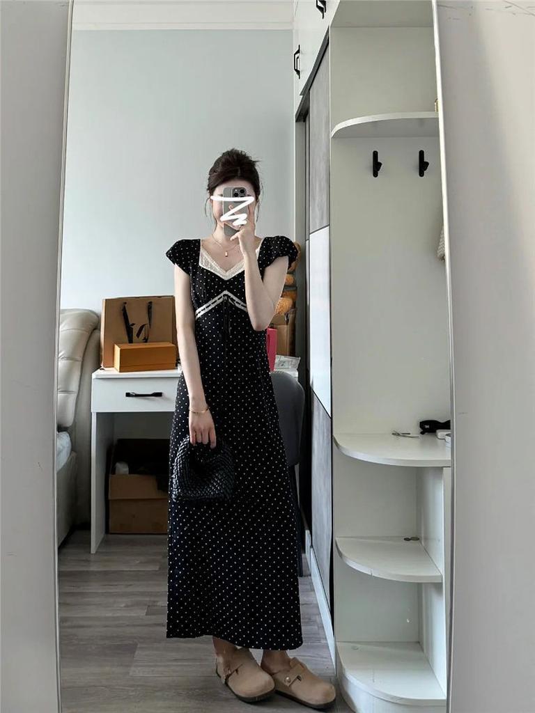 French Coffee Break Temperament Long Dress Women's Summer New Design Feeling Waist Thin Black Polka Dot Dress