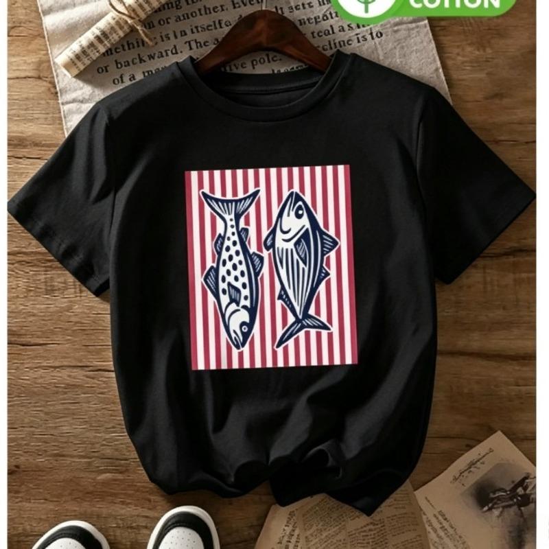 Fish Printing Cute Comfort Grid Tshirt Summer Casual Short Sleeve Crew Neck Casual Tops Unisex Breathable Trendy Unique Clothing
