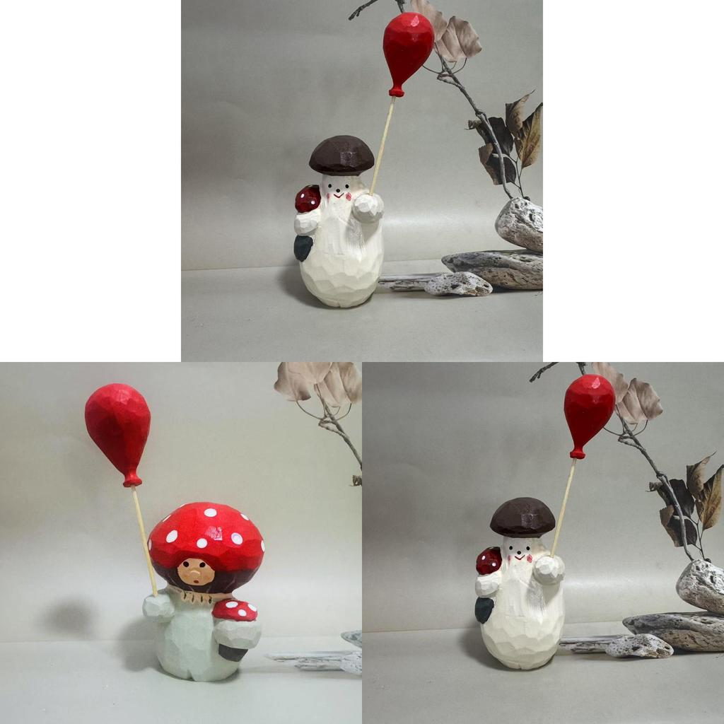 Wooden Mushroom Figurine With Balloons Handmade Home Decor Gift For Friends And Celebrations
