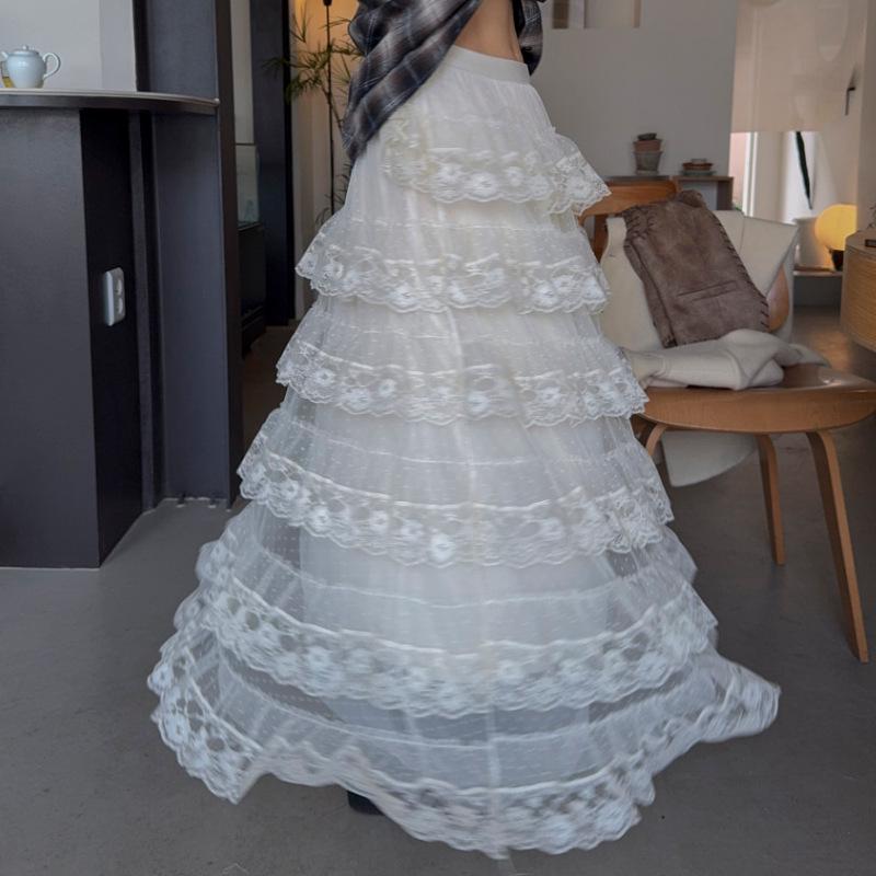 2026 Early Spring Sweet Lace Mesh Layered High Waist Skirt for Women