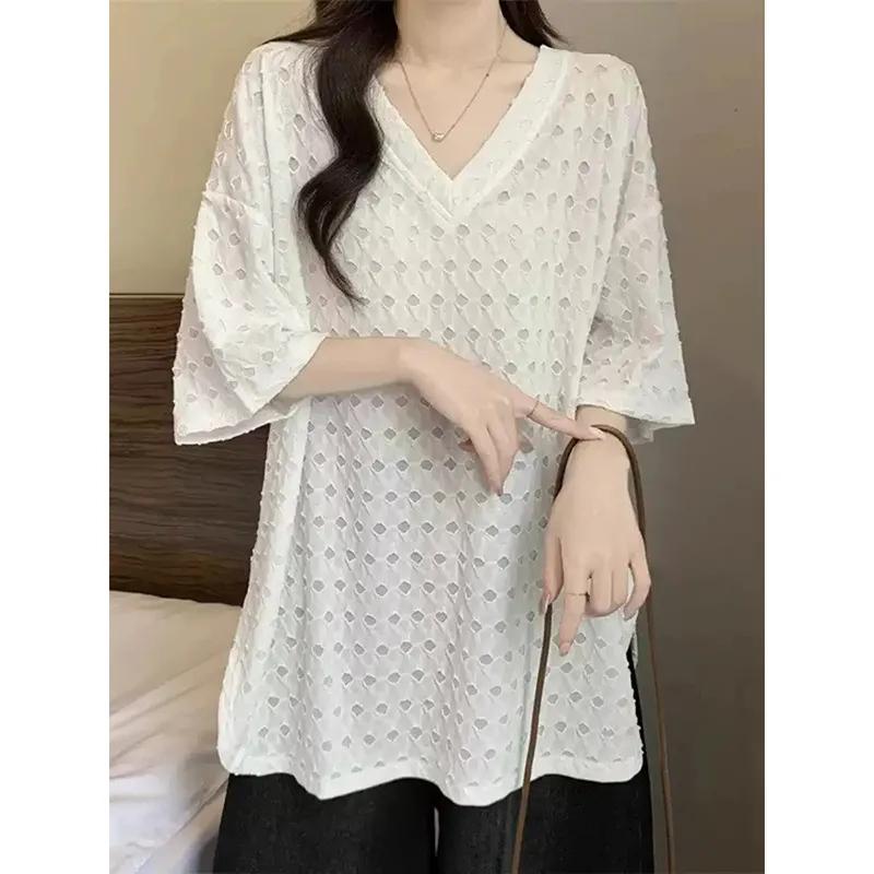 Mid-length Style V-neck T-shirt Loose Casual and Versatile Short-sleeved Top