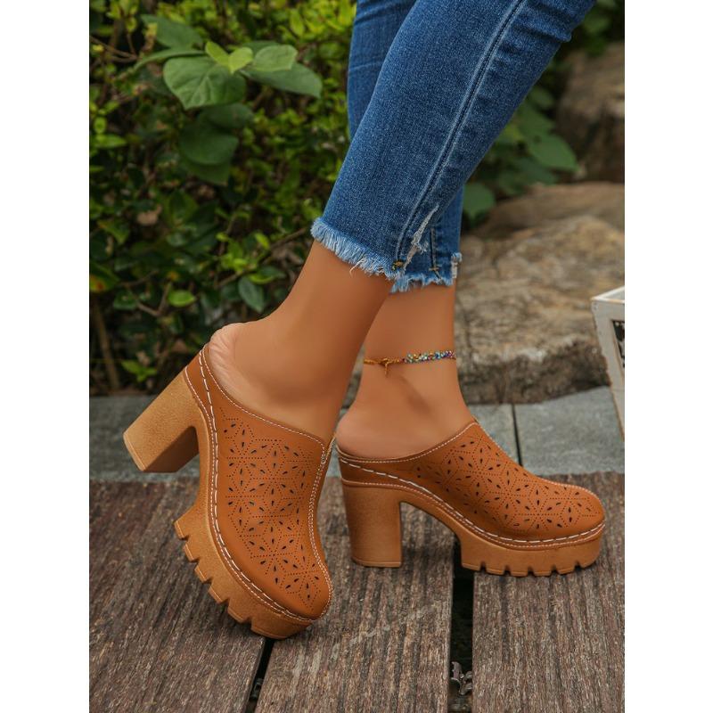 Women's Plus Size Suede High Heel Slippers Summer European American Style Carved Hollow Closed Toe Thick Block Heel