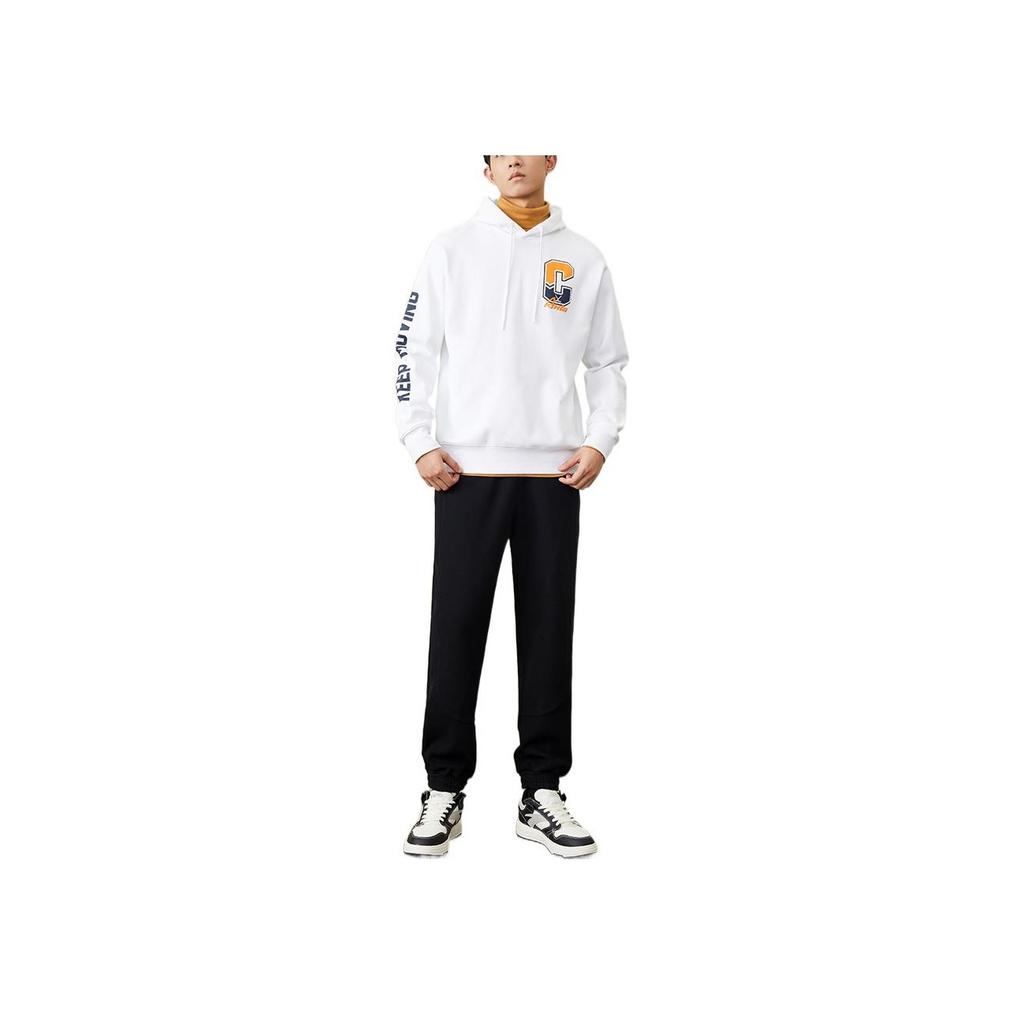 Anta Lifestyle Series Logo Print Hooded Pullover Fleece Long Sleeve Sweatshirt Men Sweatshirt Snow-White 152248701-1