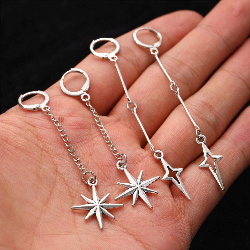 Gothic Style Alloy Hook Earrings Four Pointed Star/Thorns Rivet Ear Buckles Accessories for Punk Fashion Enthusiasts