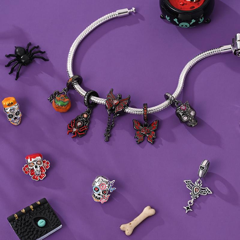 Halloween Charms Bead Copper Jack-O'-Lantern Skull Bat Witch Hat Candy Luminous Charm Fit Bracelet Diy Jewelry