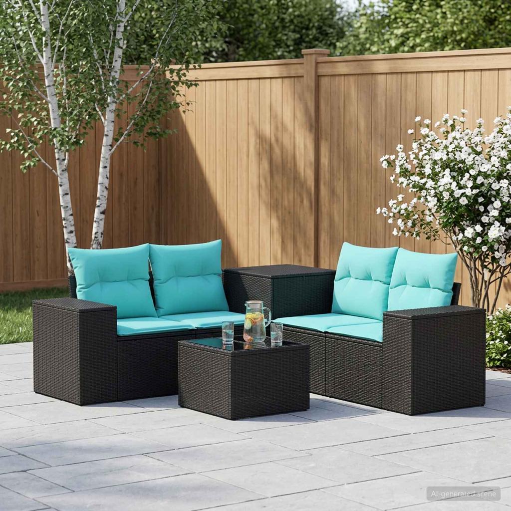 Sofa Set 6 Pieces Black and Blue Poly Rattan and Steel