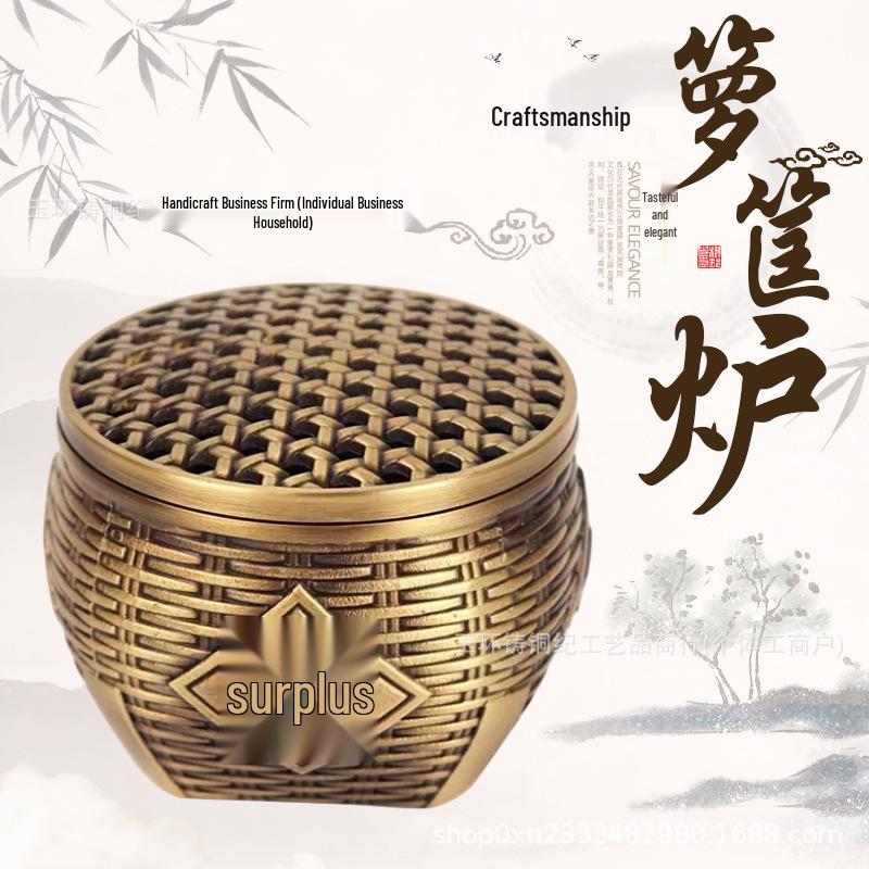 Brass Incense Burner: Bamboo Woven Basket with Antique Bronze for Abundant Harvest Decor. Small
