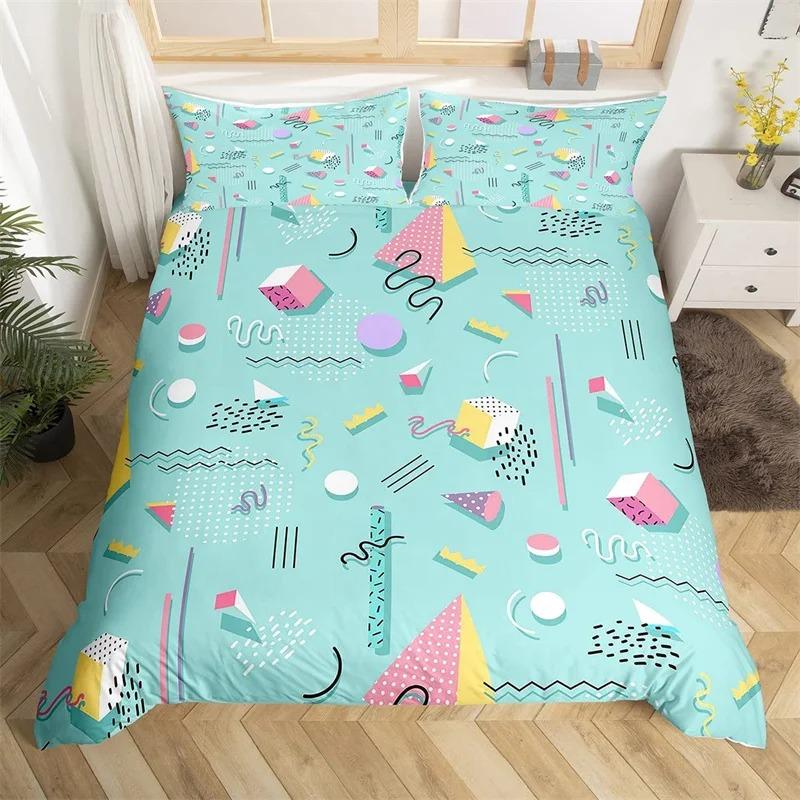 Psychedelische 3D Geometrische Bettbezug Mikrofaser Bunt Pop Art Queen Size Retro 80er Jahre Bettwäsche Set