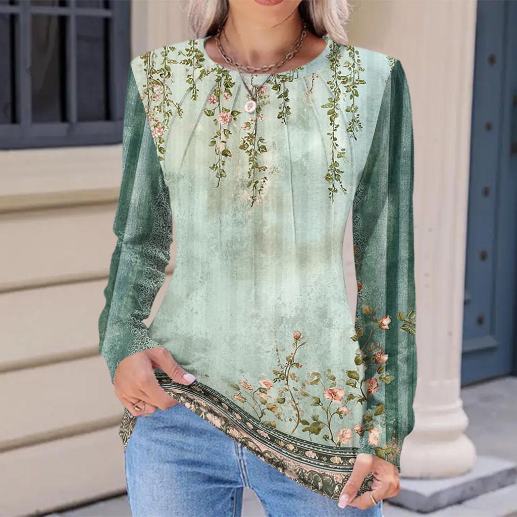Women's Fashionable Casual Floral Retro Print Pleated Comfortable Round Neck Loose Long Sleeve T-shirt Top