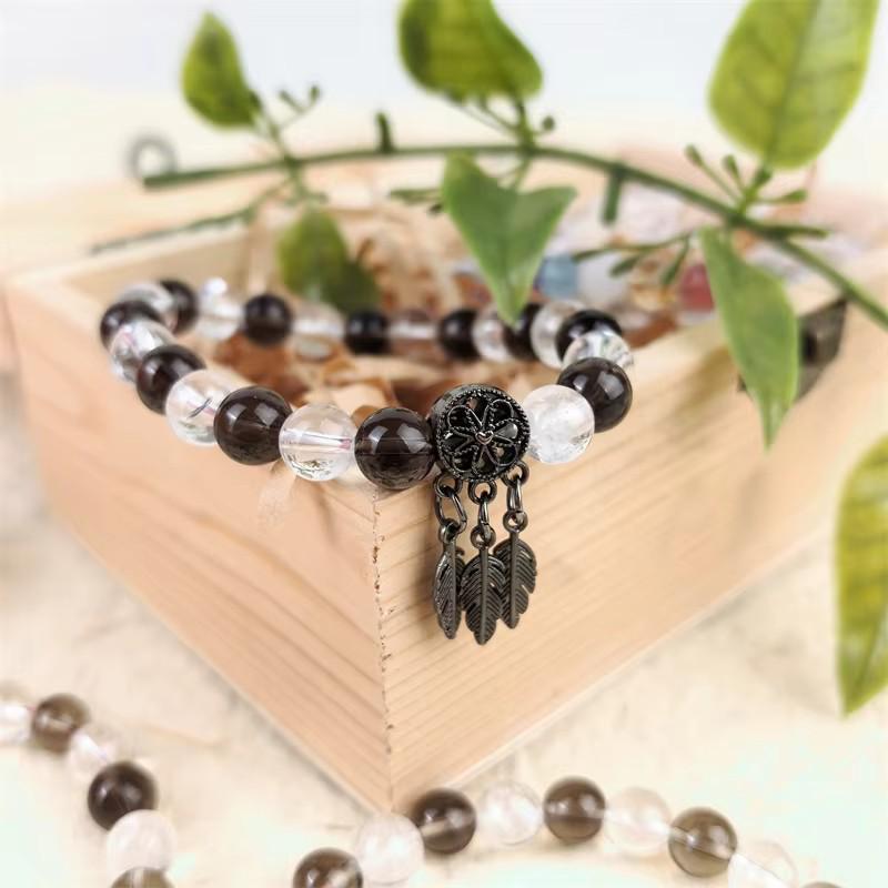 Natural 8MM White Crystal & Smoky Quartz Dream Catcher Bracelet with Wealth-Attracting Tree Leaves